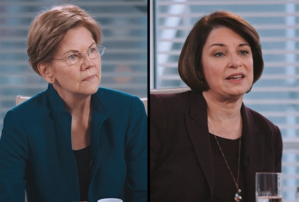 Elisabeth Warren (g.) et Amy Klobuchar, deux femmes prétendantes à l'investiture du parti démocrate pour affronter Donald Trump