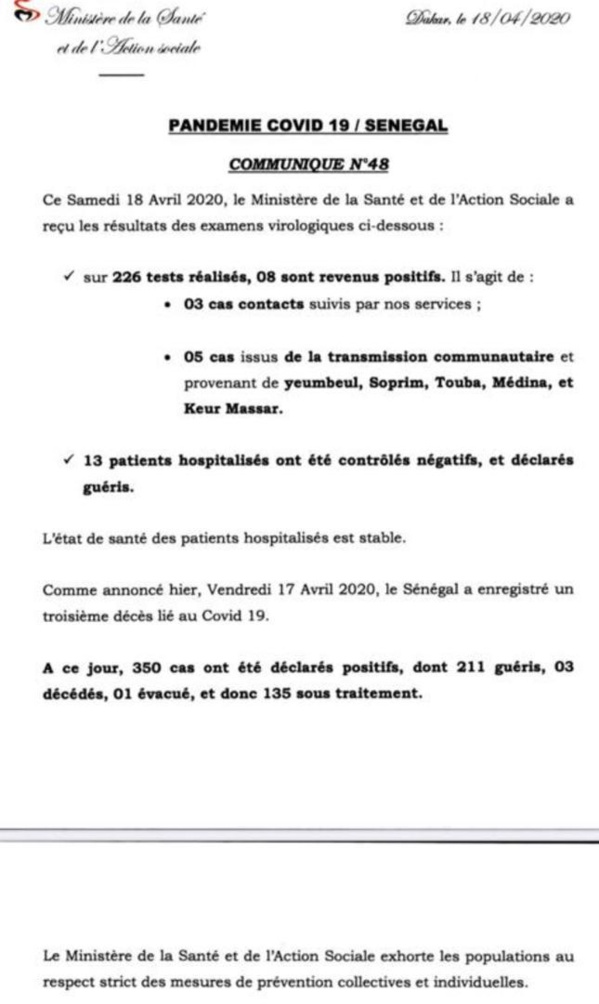 Coronavirus/Sénégal: 8 nouvelles contaminations dont 5 communautaires