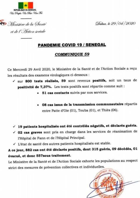 Coronavirus/Sénégal: 59 nouvelles contaminations dont 8 de type communautaire, 2 cas graves toujours aux soins