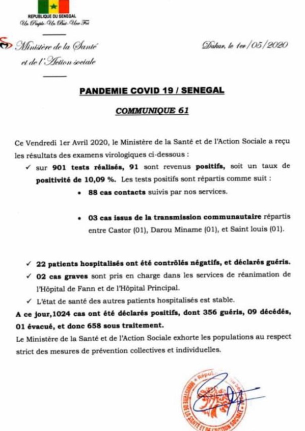 Coronavirus/Sénégal: 91 nouvelles contaminations dont 3 communautaires, la barre des 1000 cas franchie