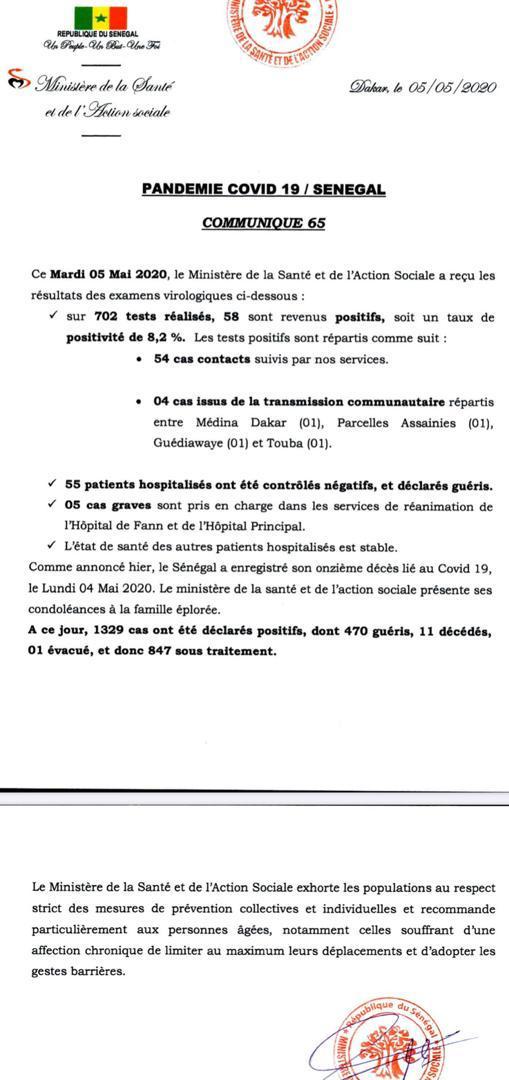 Coronavirus/Sénégal: 58 nouvelles infections dont 4 de type communautaire, un total de 11 décès