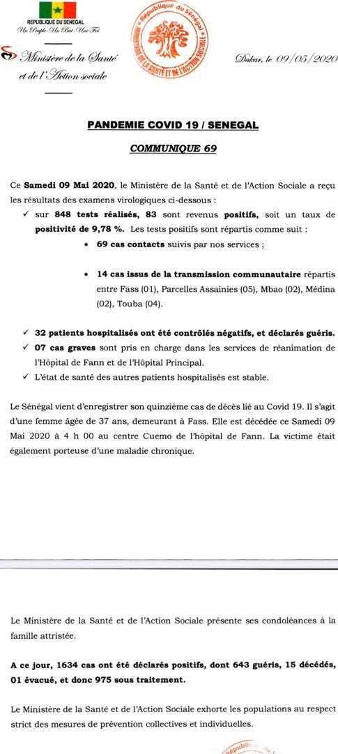 Coronavirus/Sénégal: 83 nouvelles contaminations dont 14 de type communautaire