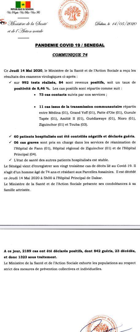 Coronavirus/Sénégal: 84 nouvelles contaminations dont 11 communautaires, 23 morts au compteur