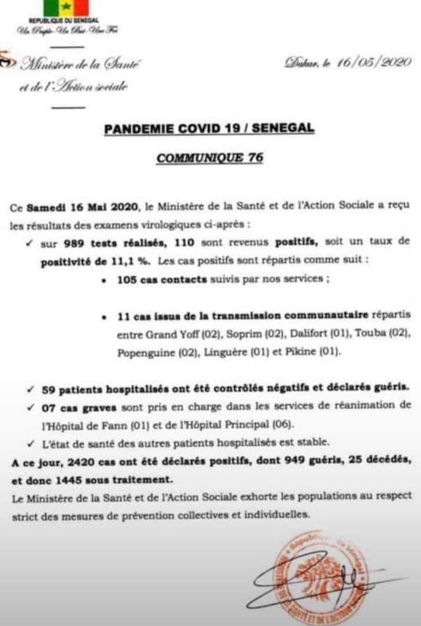 Coronavirus/Sénégal: 110 nouvelles contaminations dont 11 de type communautaire