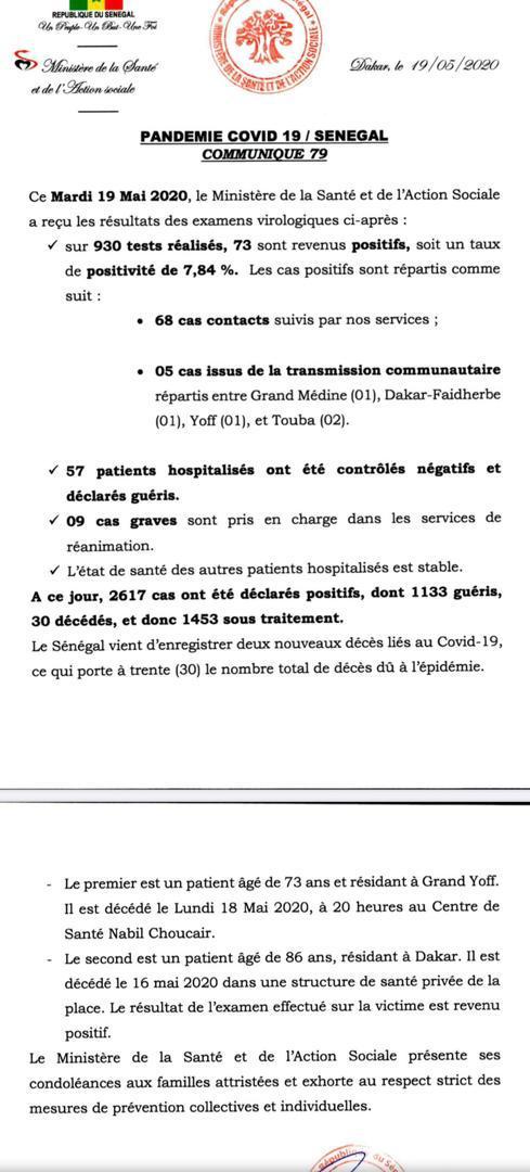 Coronavirus/Sénégal: 73 nouvelles contaminations, 30 morts au compteur