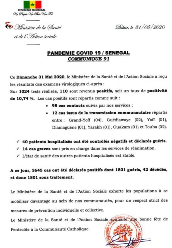 Coronavirus/Sénégal: 110 nouvelles contaminations dont 12 du genre communautaire