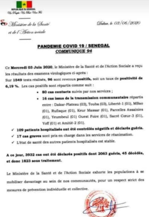 Coronavirus/Sénégal: 96 nouvelles contaminations dont 16 de type communautaire