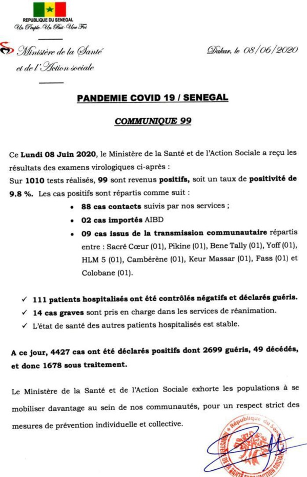 Coronavirus/Sénégal: 99 nouvelles infections dont 9 de type communautaire