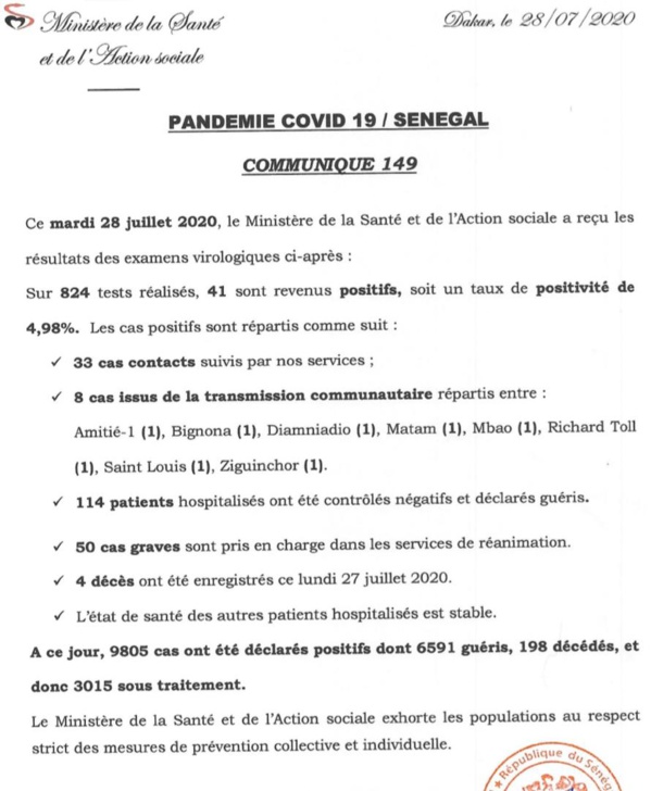 Coronavirus/Sénégal: 48 nouveaux cas, 198 décès, 50 malades en réanimation