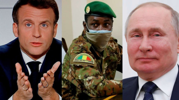 Le colonel Assimi Goïta entre les Présidents français Emmanuel Macron (g) et russe Vladimir Poutine.