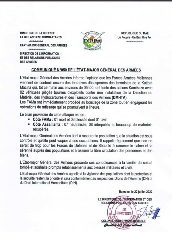 Bamako – L’armée malienne annonce avoir neutralisé des tentatives terroristes de la Katiba Macina, un bilan lourd