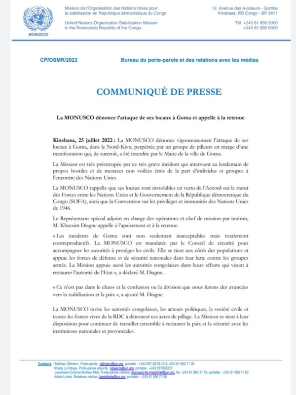 "La MONUSCO dénonce l'attaque de ses locaux à Goma et appelle à la retenue"