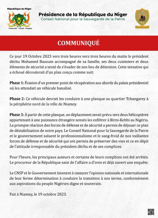 Evasion ratée de Mohamed Bazoum: le communiqué de la présidence nigérienne 