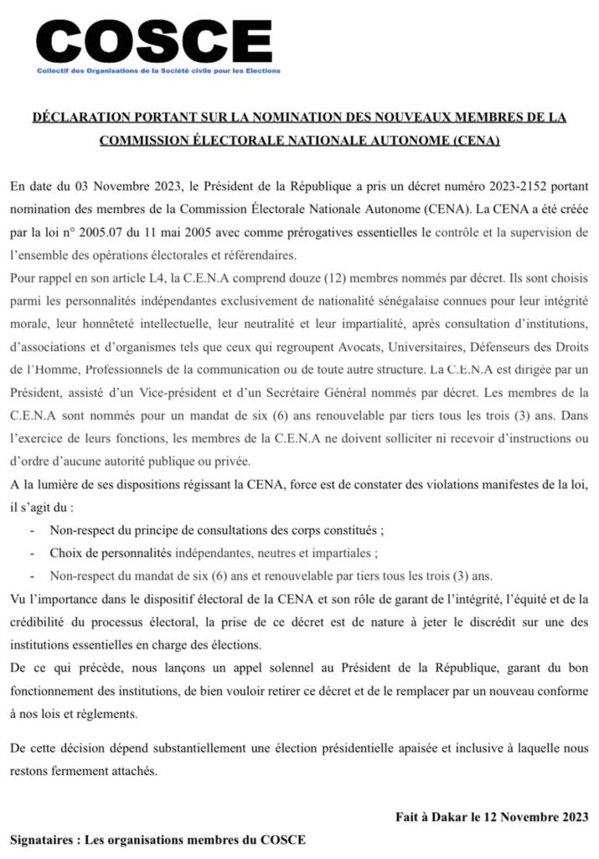 Nominations á la CENA - Le Collectif des organisations de la société civile pour les élections pointe les 3 fautes de Macky Sall