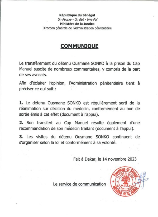 Transfèrement d'Ousmane Sonko à la prison du Cap Manuel - L'administration pénitentiaire livre sa version de l'affaire