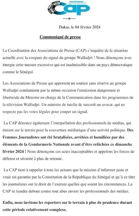 Signal coupé de Walf TV - La CAP dénonce "une mesure inadmissible dans un pays démocratique"