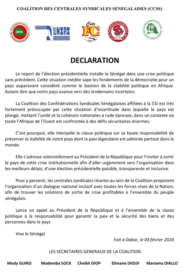 Présidentielle annulée : La Coalition des centrales syndicales sénégalaises dénonce une attaque contre les fondements de la démocratie