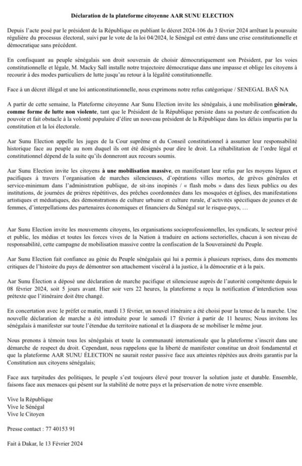 AAR SUNU ELECTION invite les Sénégalais á "une mobilisation générale et massive" contre "la confiscation du pouvoir"