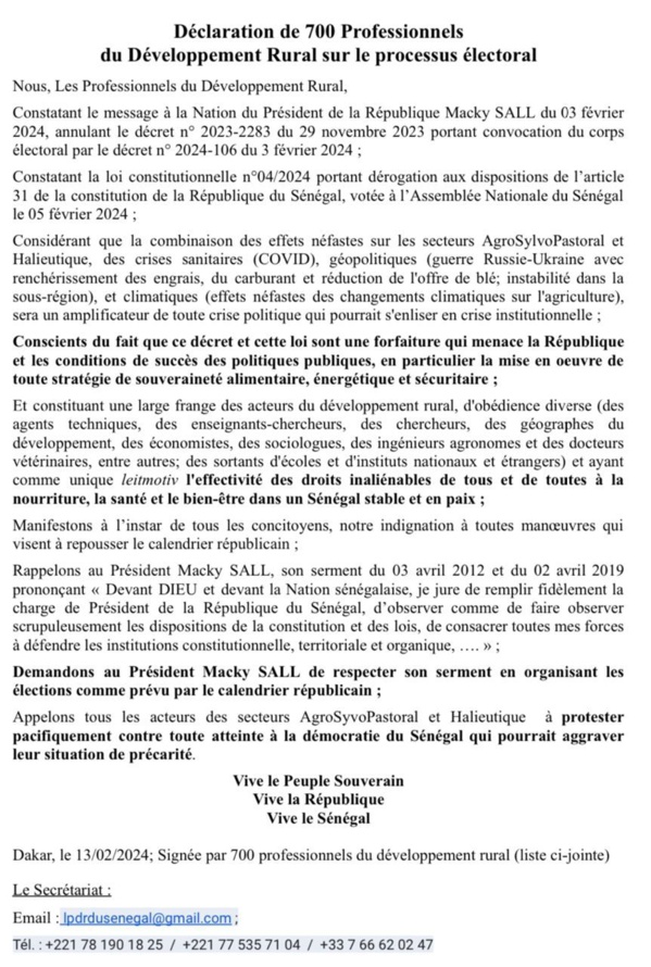 SENEGAL - Déclaration de 700 Professionnels du développement rural sur le processus électoral