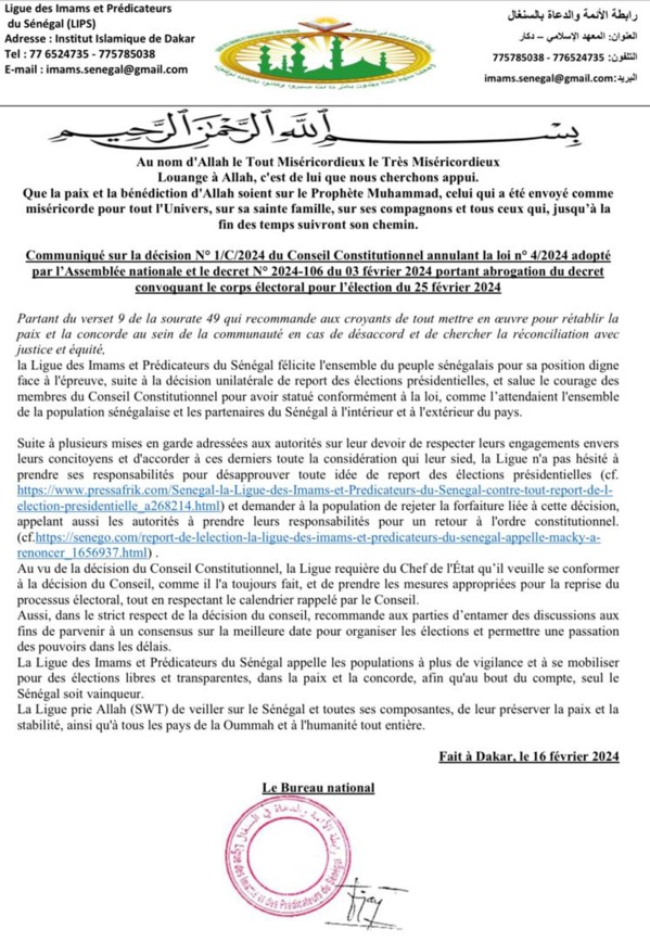 La Ligue des imams et prédicateurs du Sénégal "salue le courage des membres du Conseil constitutionnel"