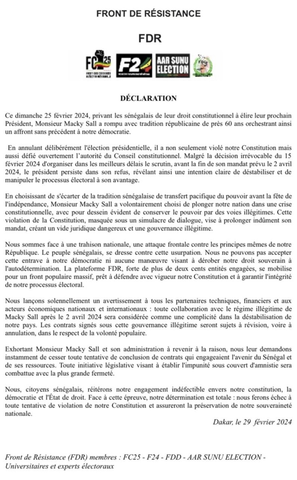 Le  Front de résistance: « Nous sommes face à une trahison nationale, une attaque frontale contre (...) la République »