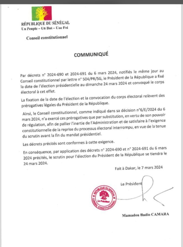 Le Conseil constitutionnel dit pourquoi il accepte la date du 24 mars pour la présidentielle