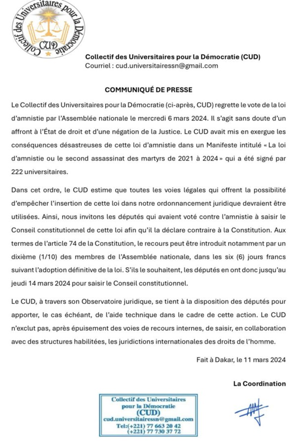 Loi d'amnistie- Le Collectif des universitaires pour la démocratie (CUD) condamne un "affront à l'Etat de droit"