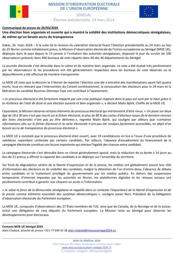 La MOE de l'UE note une élection "bien organisée", mais alerte sur les failles du système électoral