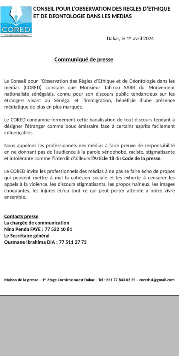 Le CORED condamne le discours "xénophobe et stigmatisant" contre les étrangers, appelle les médias á plus de responsabilité 