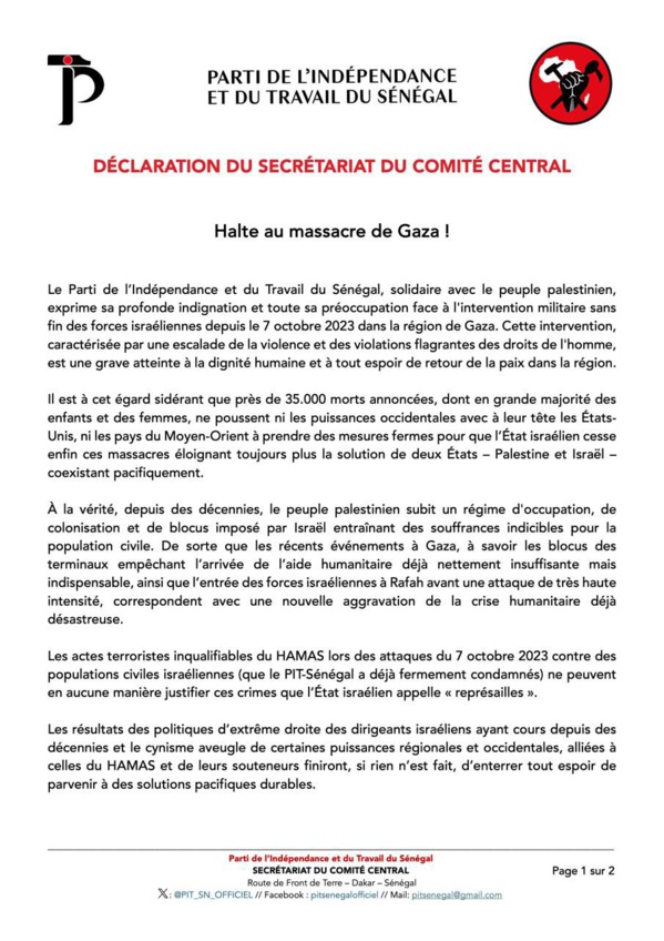 Gaza : Le PIT /Sénégal s'indigne des massacres des civils, dénonce la passivité des Etats-Unis et des Etats arabes