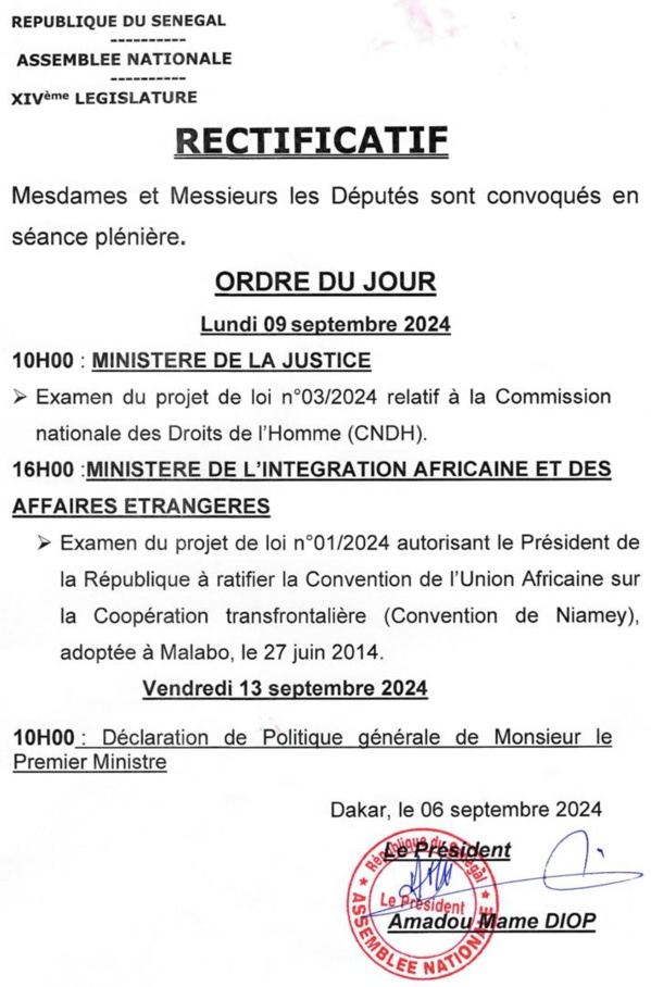 Assemblée nationale : l'agenda de la session extraordinaire arrêté, la DPG aura lieu le 13 septembre en principe