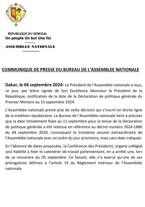 DPG - Le Bureau de l'Assemblée nationale explique pourquoi il avait choisi la date du 11 septembre