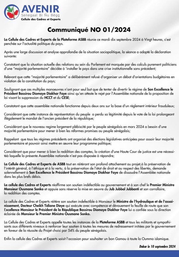 Les cadres de Avenir Senegaal Bi Nu Bëgg demandent la dissolution de l'Assemblée nationale "dans les plus brefs délais"