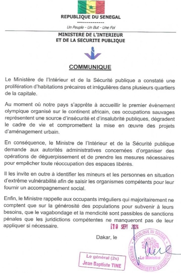 Le ministre de l'Intérieur ordonne de nouveaux déguerpissements dans Dakar