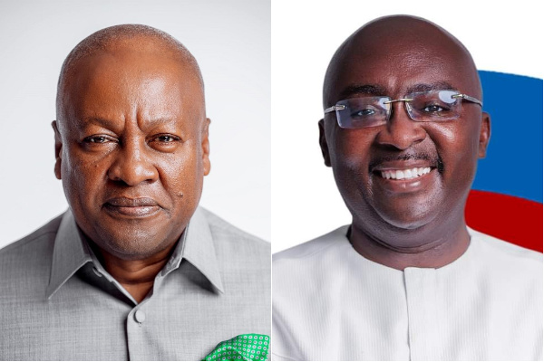 Le vice-président du Ghana Mahamudu Bawumia (NPP, d.) et le leader de l'opposition John Mahama (NDC), principaux favoris de la présidentielle du 7 décembre  2024