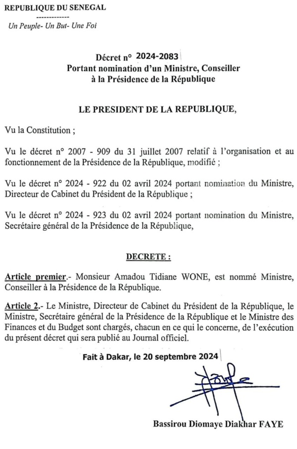 Amadou Tidiane Wone nommé ministre-conseiller à la présidence de la République