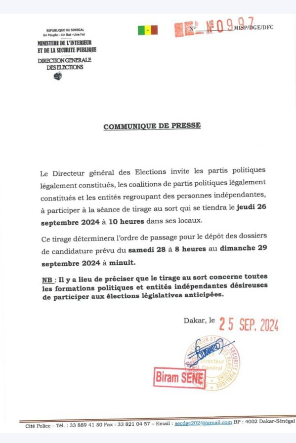 Législatives du 17-Novembre : la DGE organise le dépôt des candidatures (communiqué)