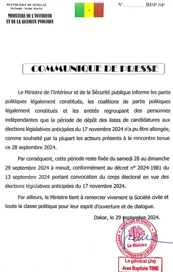 Législatives du 17-Novembre : le délai de dépôt des candidatures non prolongé