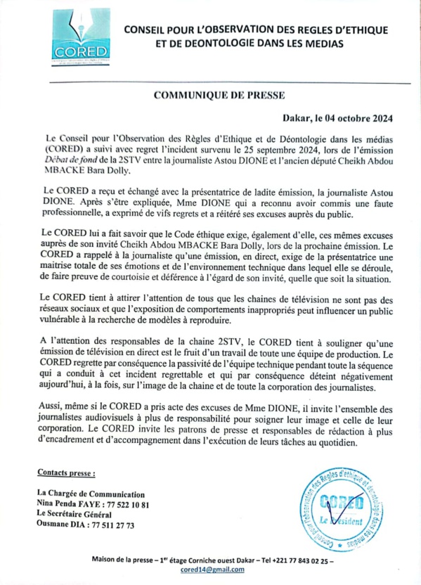 Le CORED sermonne la journaliste Astou Dione qui présente ses excuses après le clash avec Cheikh Abdou Bara Dolly Mbacké