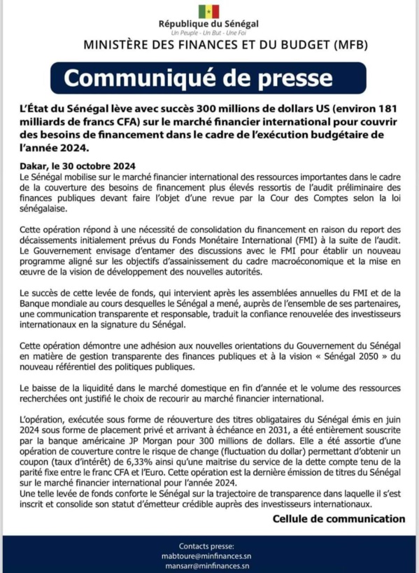 Le Sénégal lève 181 milliards de francs CFA sur le marché financier international à un taux de 6,33 %