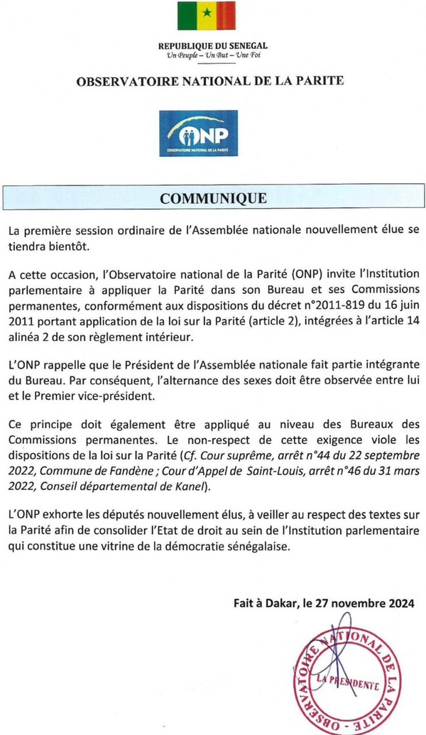 Nouvelle assemblée nationale : L'Observatoire de la parité exige la...parité dans le Bureau et les Commissions