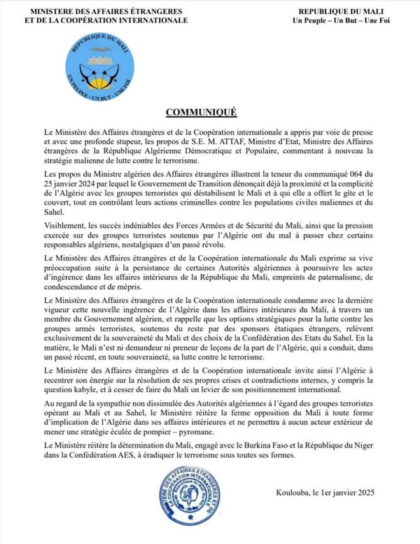 Le Mali accuse l'Algérie de "proximité et de complicité avec les groupes terroristes" sur son territoire