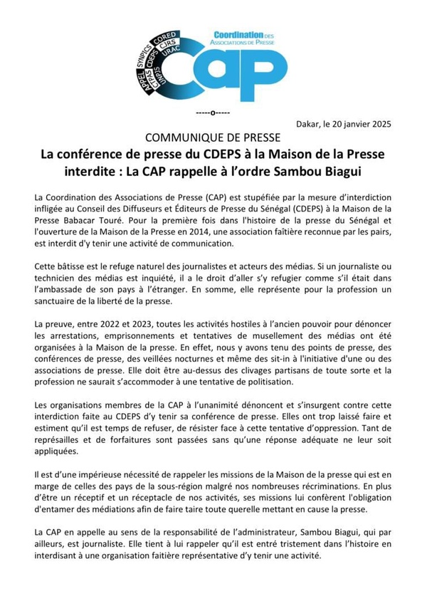 Maison de la presse - La CAP rappelle à l'ordre le DG Sambou Biagui après l'interdiction du point de presse du CDEPS