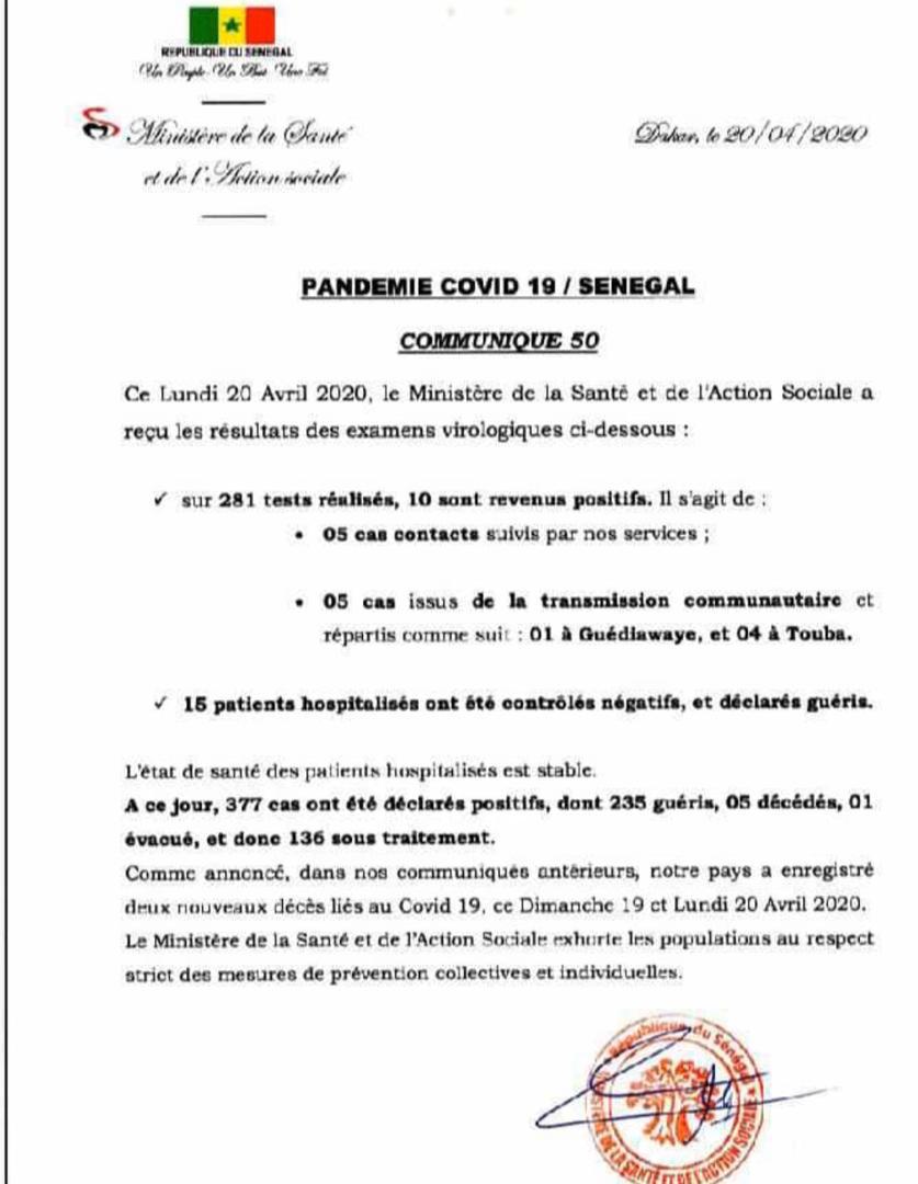 Coronavirus/Sénégal: 10 nouvelles contaminations dont 5 communautaires (Guédiawaye et Touba)