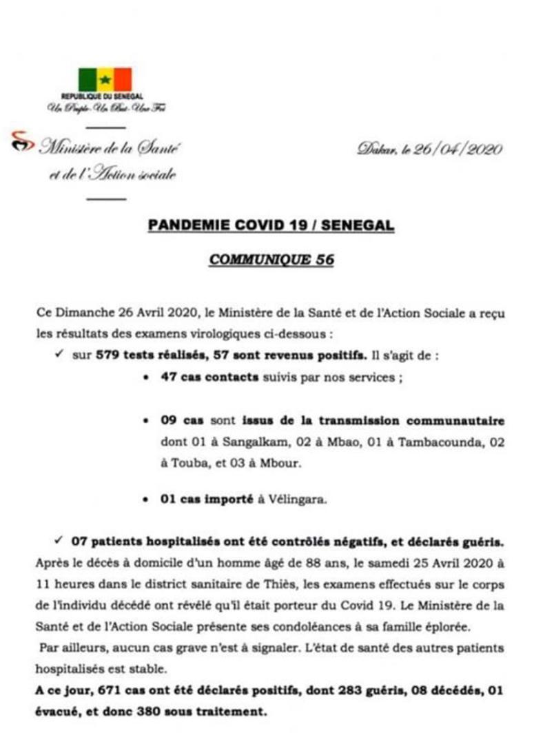 Coronavirus/Sénégal: 8 morts, 57 nouvelles contaminations dont 9 de type communautaire