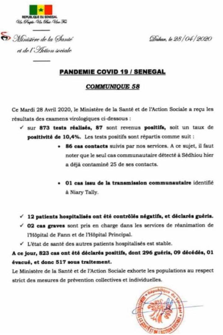 Coronavirus/Sénégal: 87 nouvelles infections dont 1 communautaire, 2 cas graves à Fann et Principal