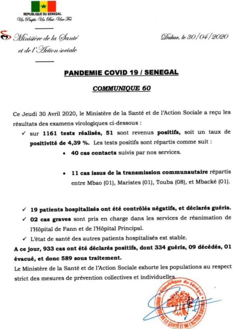 Coronavirus/Sénégal: 51 nouvelles infections dont 11 de type communautaire 