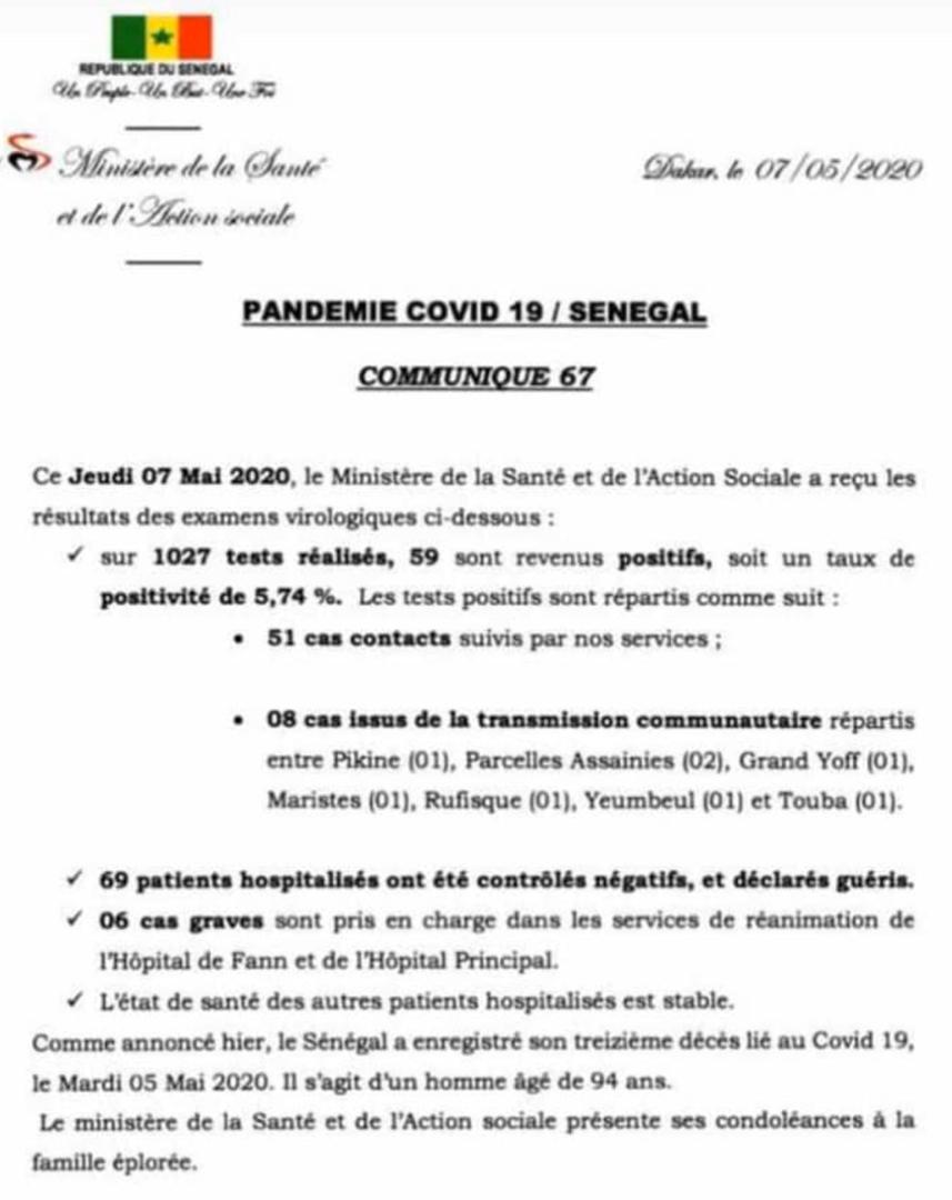 Coronavirus/Sénégal: 59 nouvelles contaminations dont 8 de type communautaire