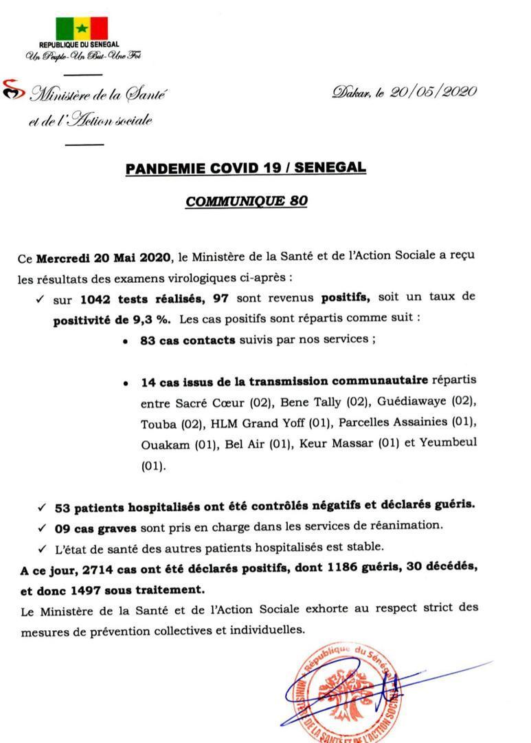 Coronavirus/Sénégal: 97 nouvelles contaminations dont 14 de type communautaire