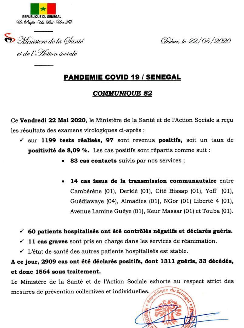 Coronavirus/Sénégal: 97 nouvelles infections dont 14 de type communautaire